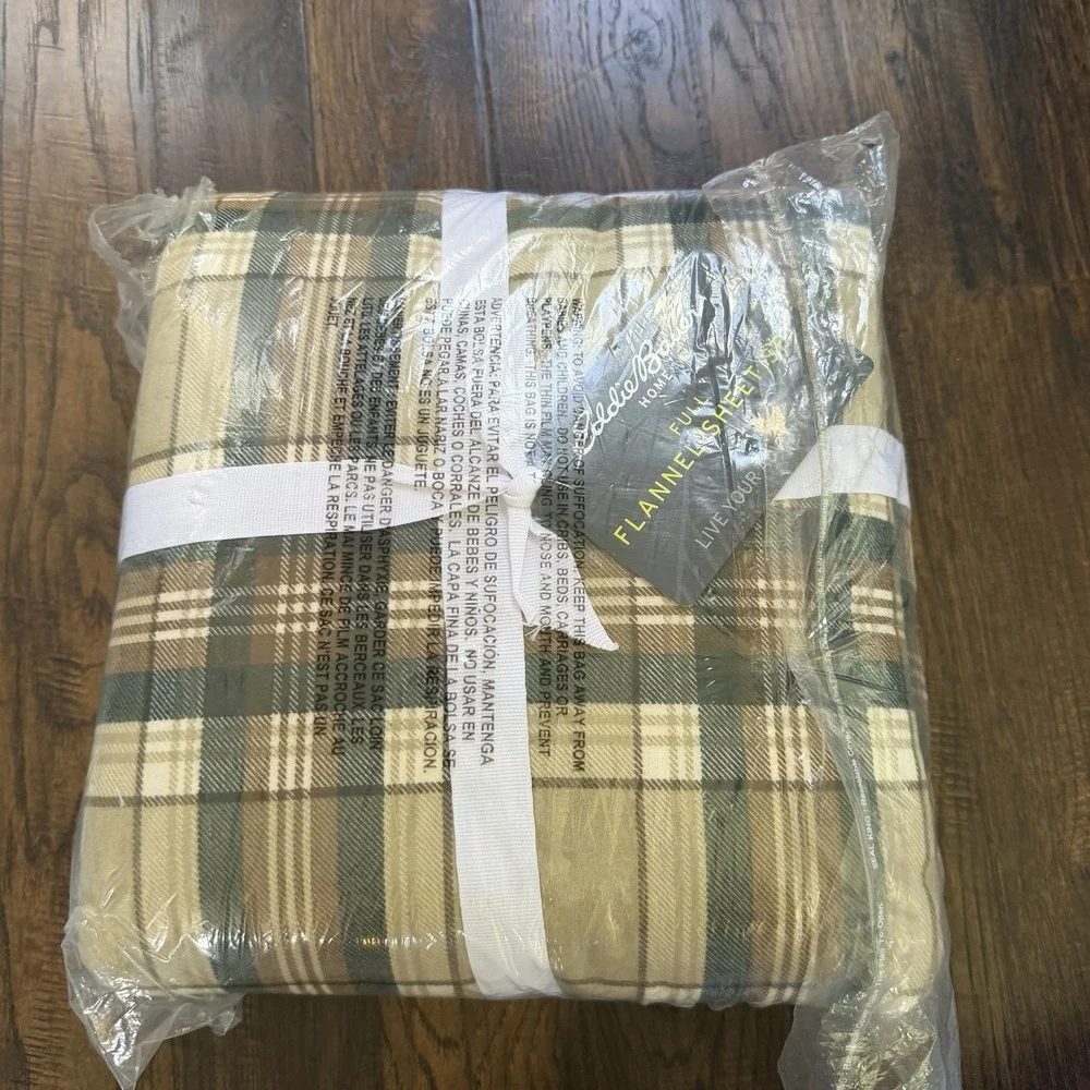 Eddie Bauer Full Flannel Sheet Set Green Plaid 100% Cotton Pillow Cases Fitted